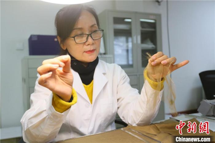 據(jù)趙喜梅介紹，修復(fù)文物紡織品所用的縐絲紗比頭發(fā)絲還細(xì)?！「哒?攝