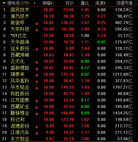 鋰電池板塊漲幅靠前個股。