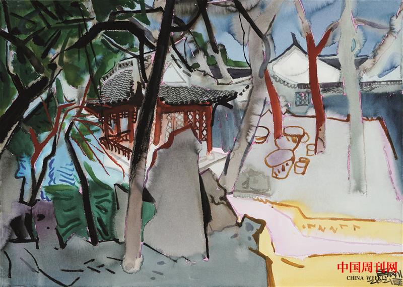 2021年周剛水彩畫——《綺園聽琴閣》尺寸75x105cm，2021年.jpg